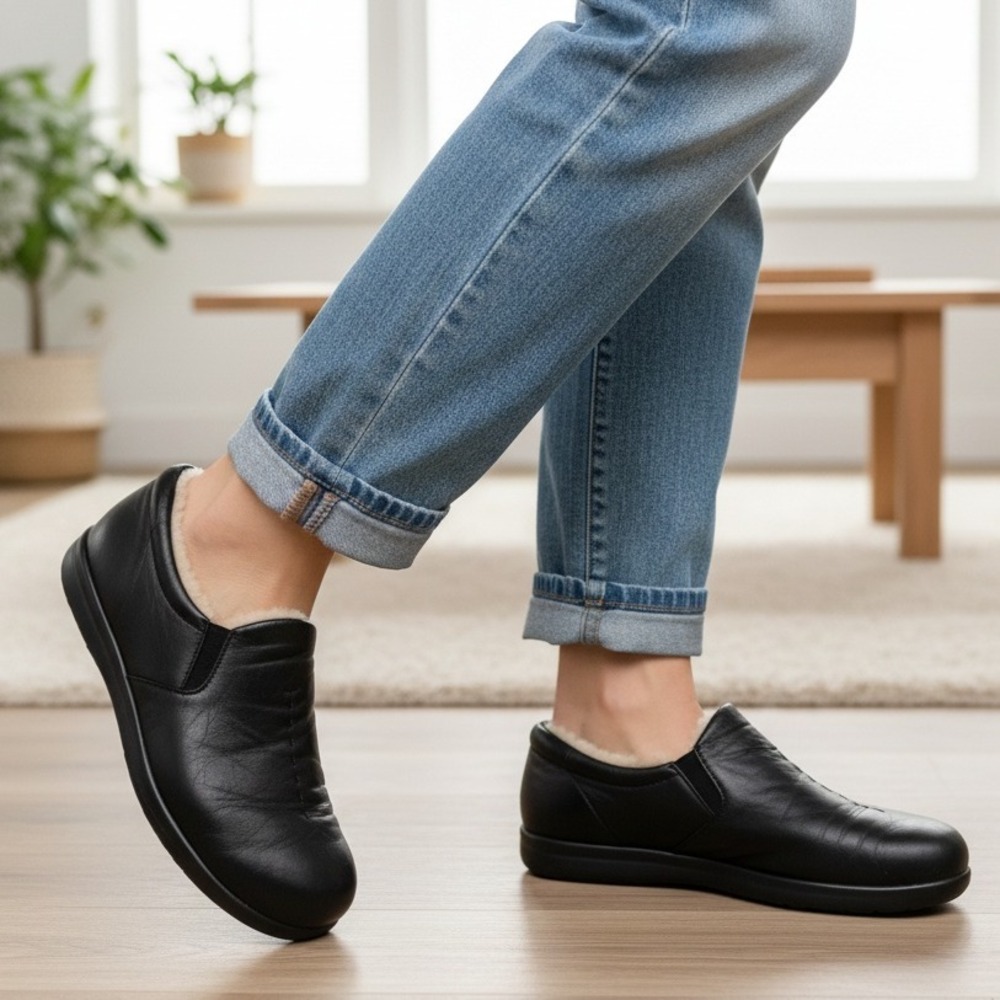 SAS Womens Black Leather Shearling Lined Slip On Comfort Shoes 10 Warm Winter